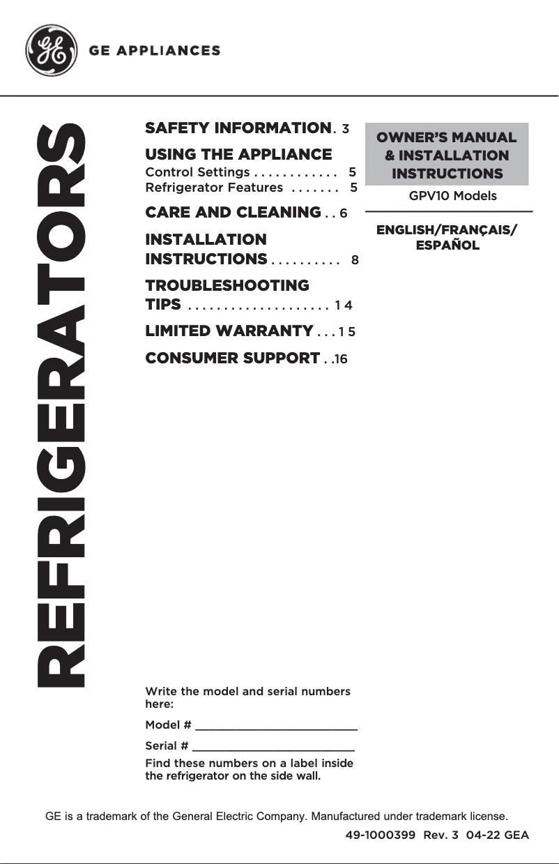 Page 1 de la notice Guide d'installation GE GPV10FSNSB