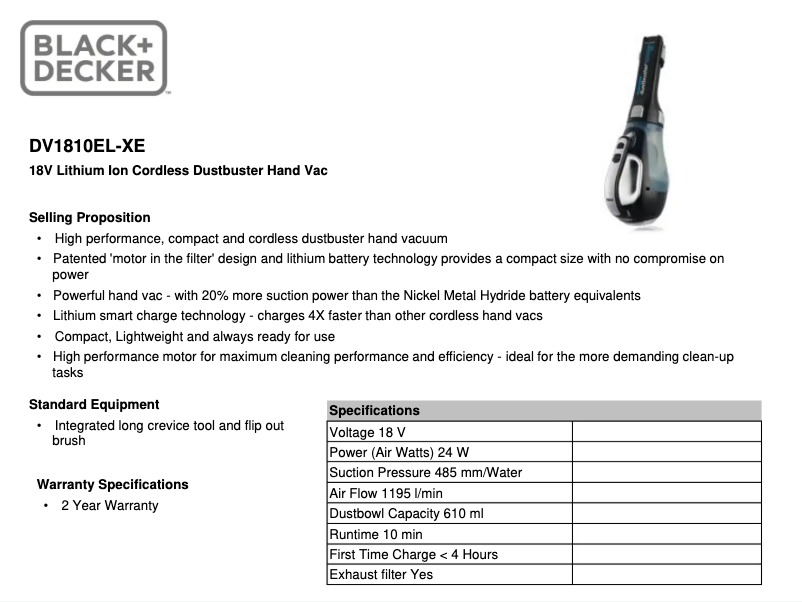 Page 1 de la notice Fiche technique Black & Decker Dustbuster DV1810EL