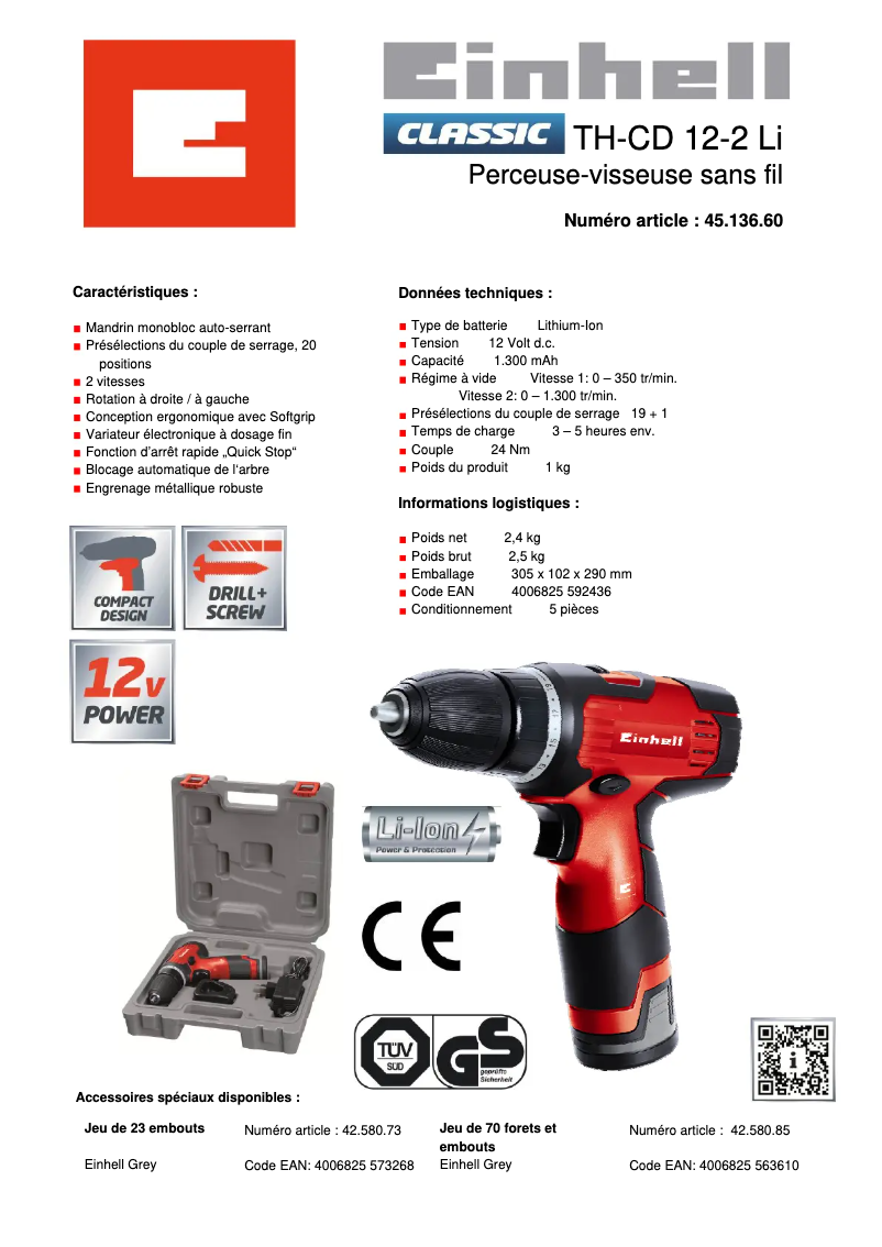 Página 1 del manual Ficha técnica Einhell TH-CD 12-2 Li