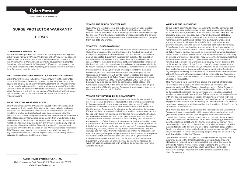 Page 1 de la notice Manuel utilisateur CyberPower P205UC