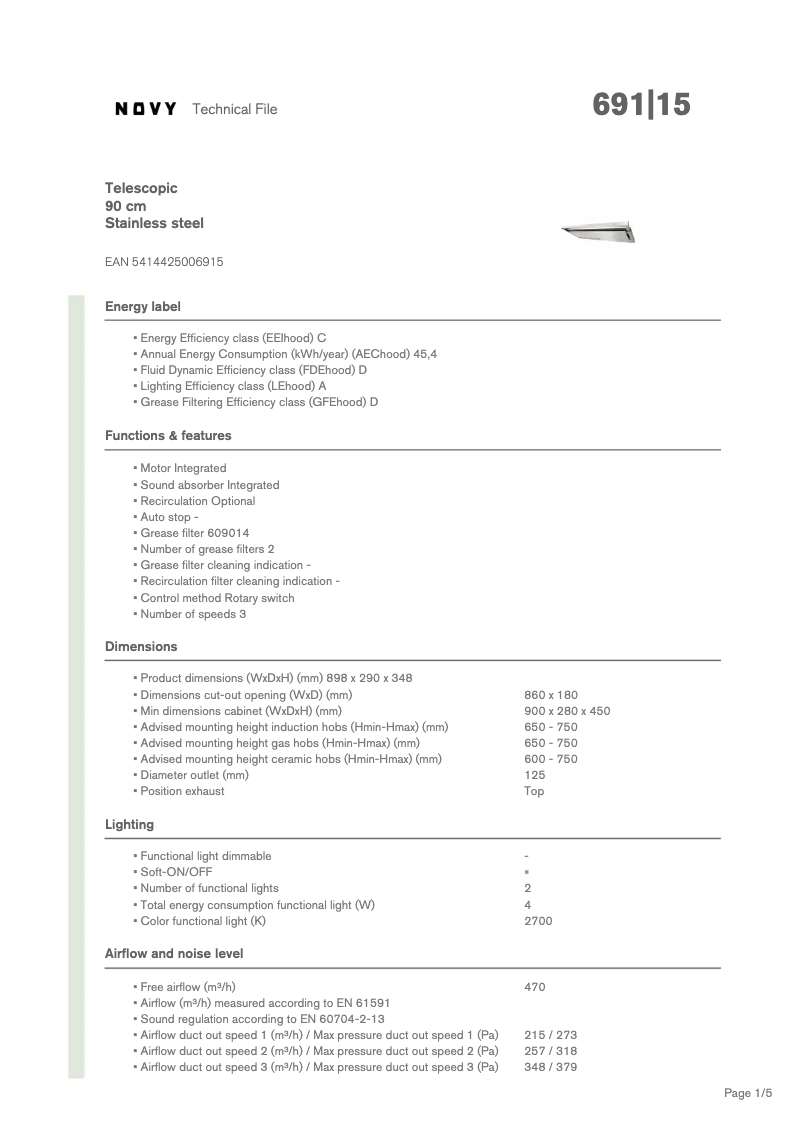 Page 1 de la notice Fiche technique Novy 691