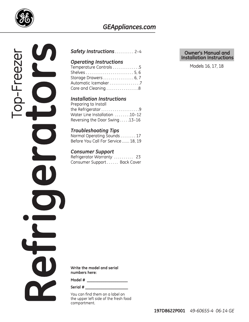 Page 1 de la notice Manuel d'utilisation et d'entretien GE GTH18GCDWW