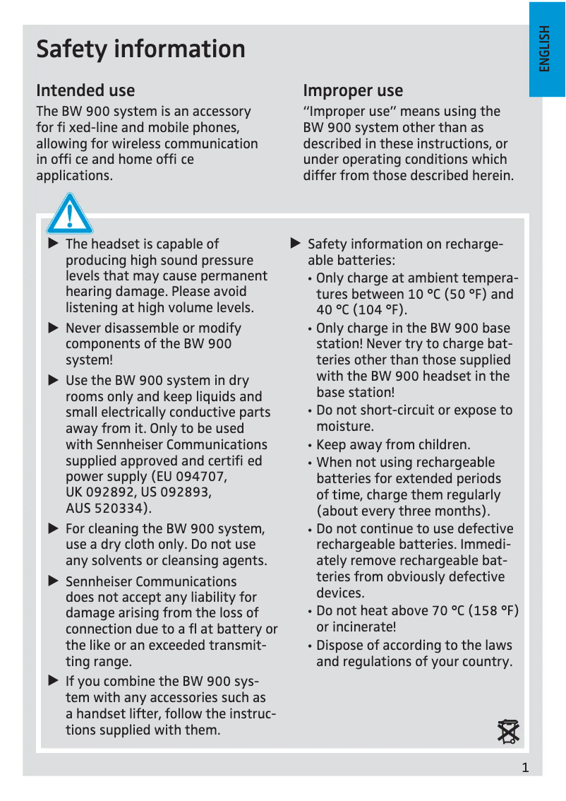 Page 1 de la notice Manuel utilisateur Sennheiser BW 900