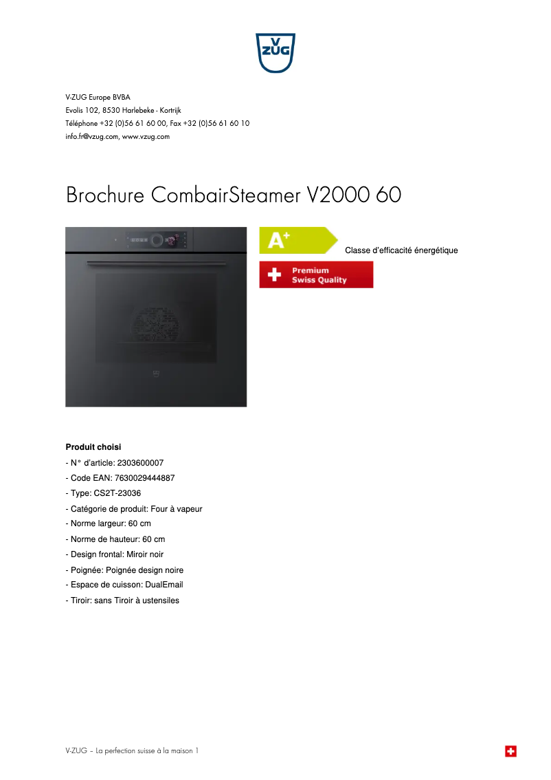 Page 1 de la notice Brochure V-Zug CombairSteamer V2000 60