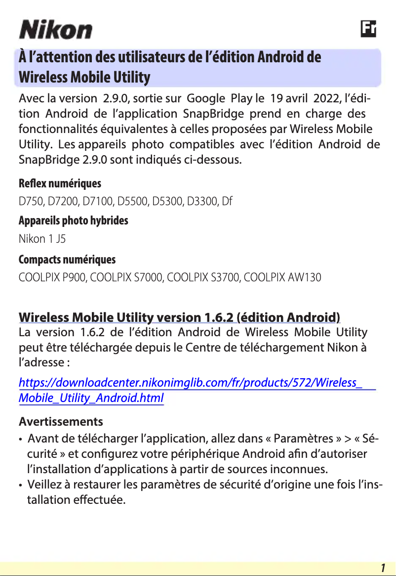 Page 1 de la notice Manuel utilisateur Nikon Wireless Mobile Utility