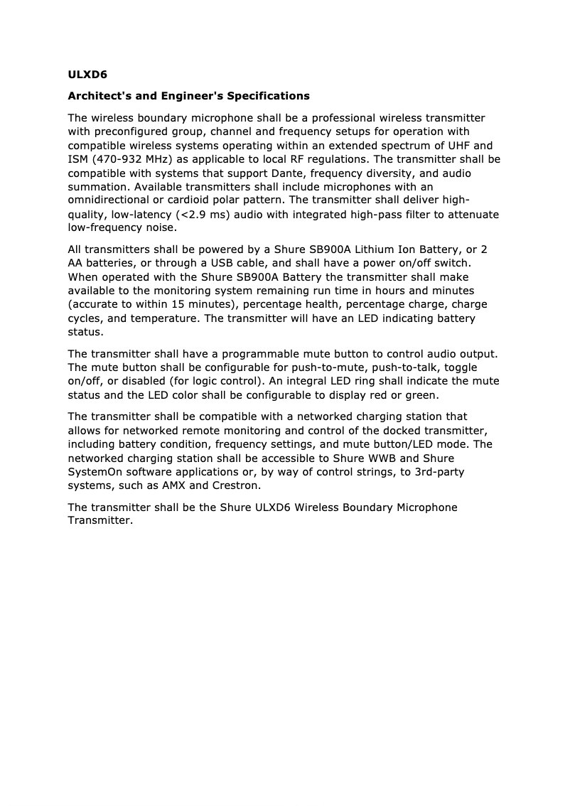 Page 1 de la notice Fiche technique Shure ULXD8