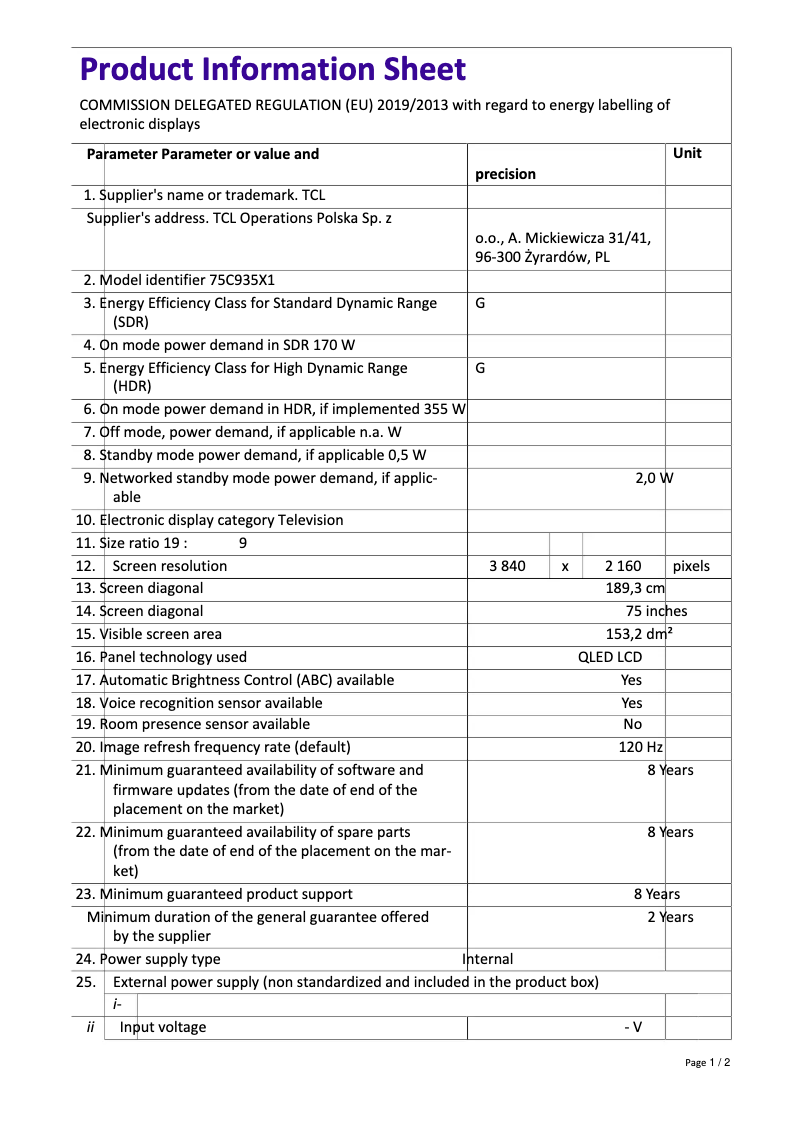 Page 1 of the manual Technical Sheet TCL 75C935