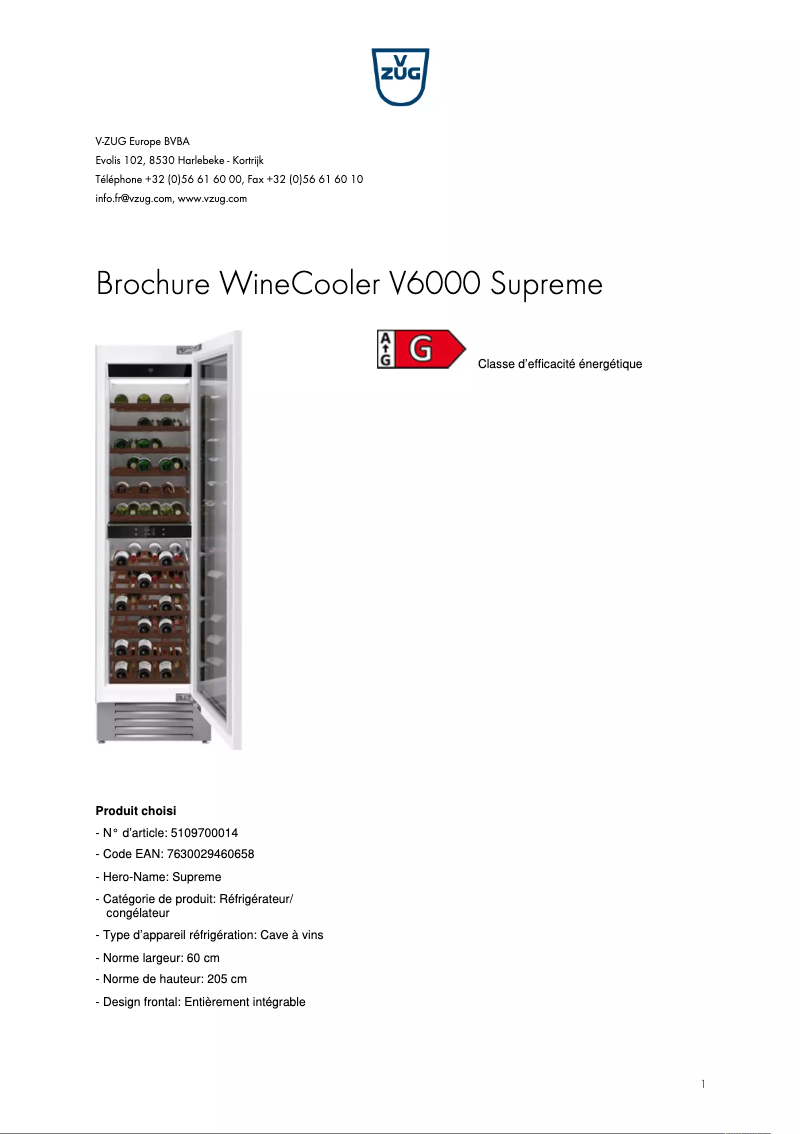 Page 1 de la notice Brochure V-Zug WineCooler V6000 Supreme