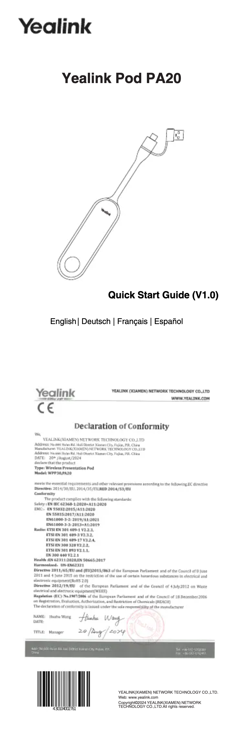 Page 1 de la notice Manuel utilisateur Yealink Pod PA20