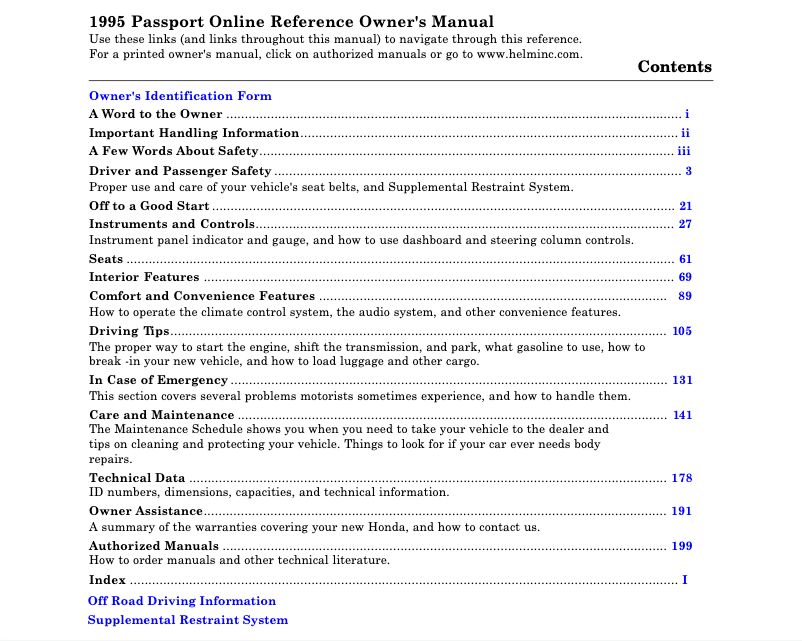 Page 1 de la notice Manuel utilisateur Honda Passport (1995)