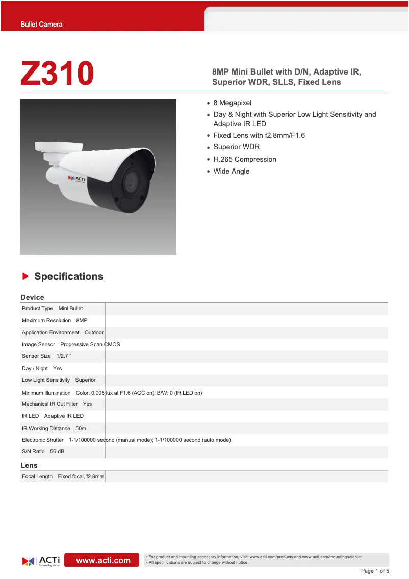 Page 1 de la notice Fiche technique ACTi Z310