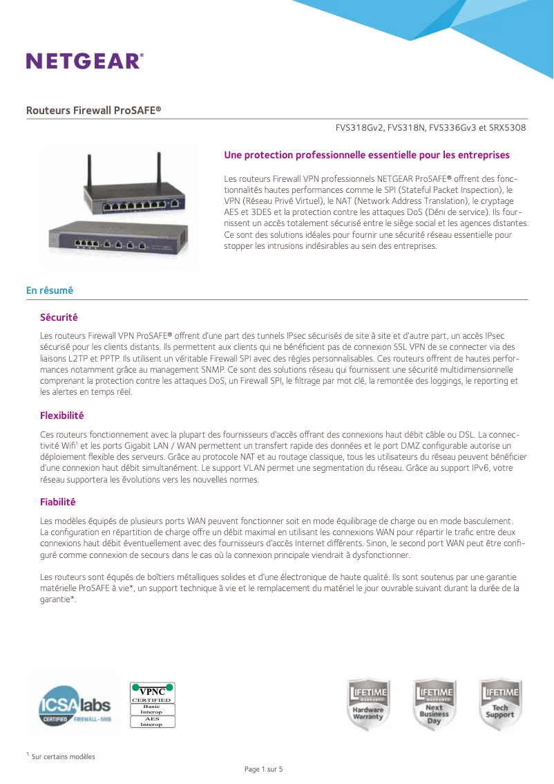 Page 1 de la notice Fiche technique Netgear SRX5308