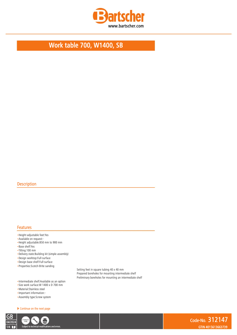 Page 1 de la notice Fiche technique Bartscher 348147