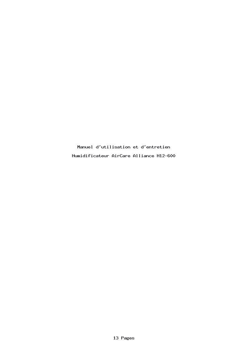 Page 1 de la notice Manuel d'utilisation et d'entretien AirCare Alliance H12-600