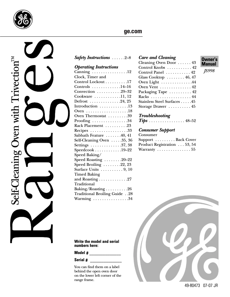 Page 1 of the manual Use and Maintenance Manual GE Profile JS998KHCC