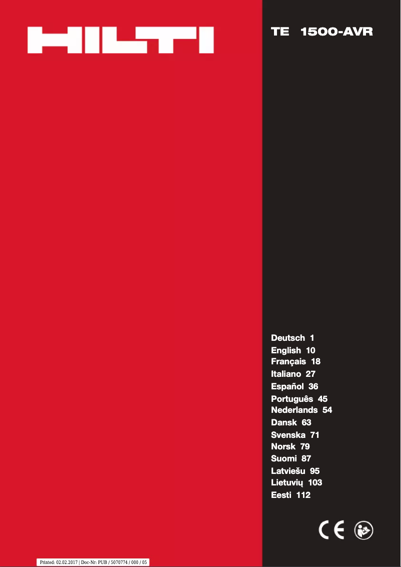 Page 1 de la notice Manuel utilisateur Hilti TE 1500-AVR