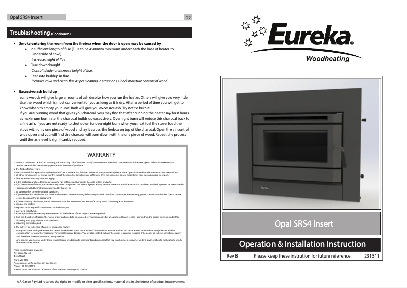 Page 1 de la notice Manuel utilisateur Eureka Opal SRS4 Insert