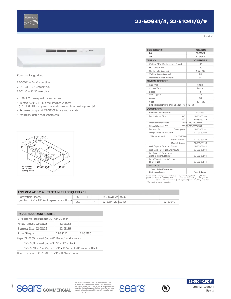 Page 1 de la notice Manuel utilisateur Kenmore 50944