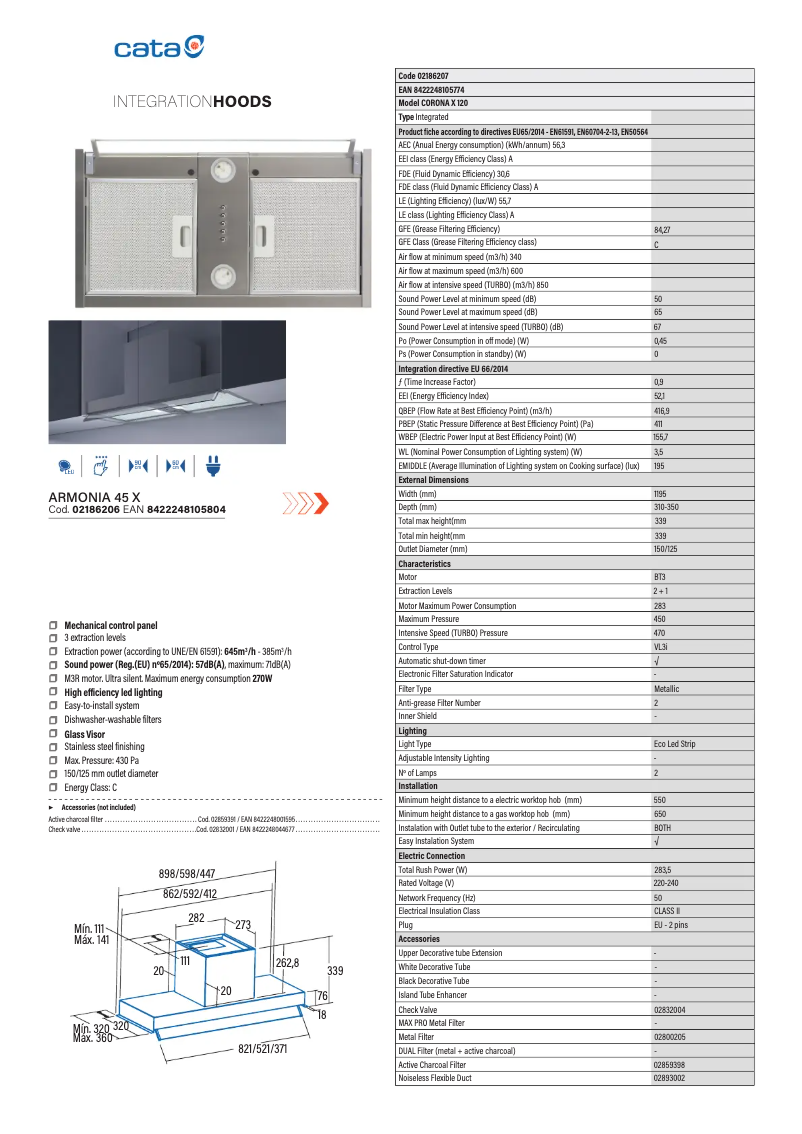 Page 1 de la notice Fiche technique CATA ARMONIA