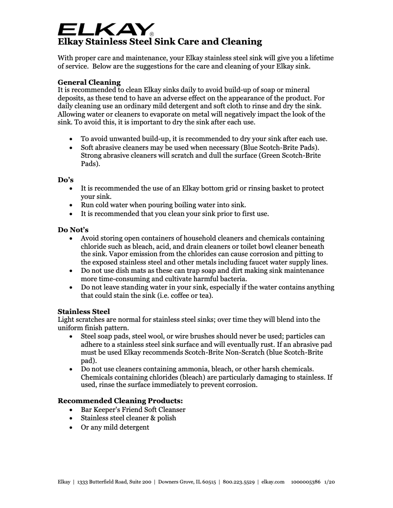 Page 1 de la notice Manuel utilisateur Elkay Lustertone LRAD2522653