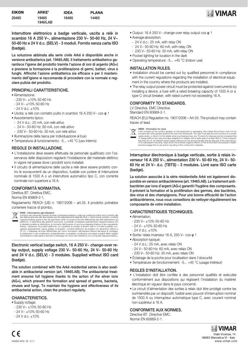 Page 1 de la notice Manuel utilisateur Vimar 19465