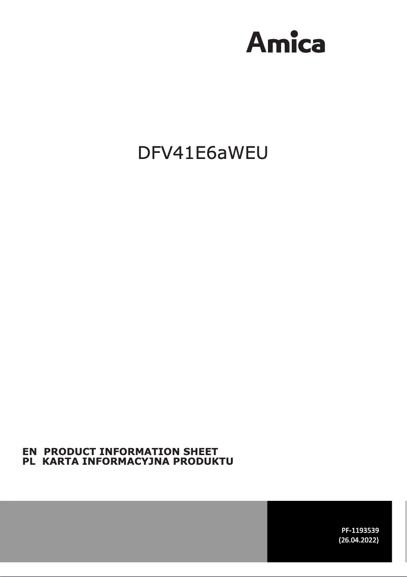 Page 1 de la notice Fiche technique Amica DFV41E6aWEU