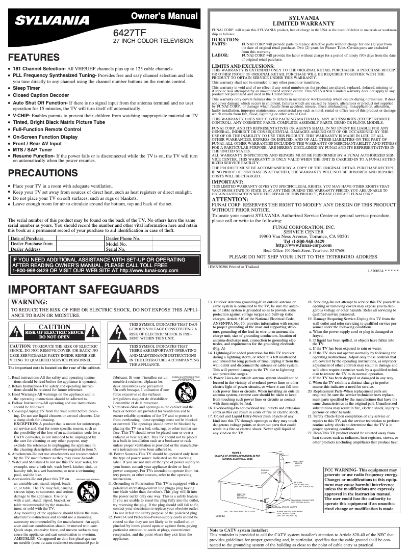 Page 1 de la notice Manuel utilisateur Sylvania 6427TF