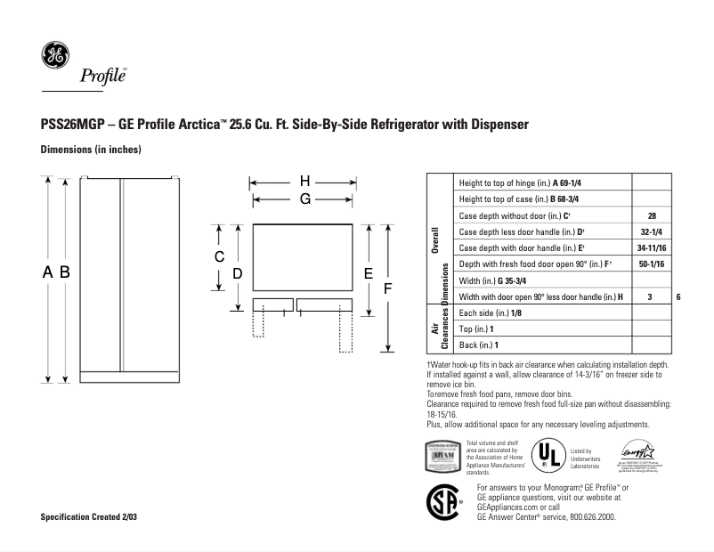 Page 1 de la notice Fiche technique GE Profile PSS26MGPCC