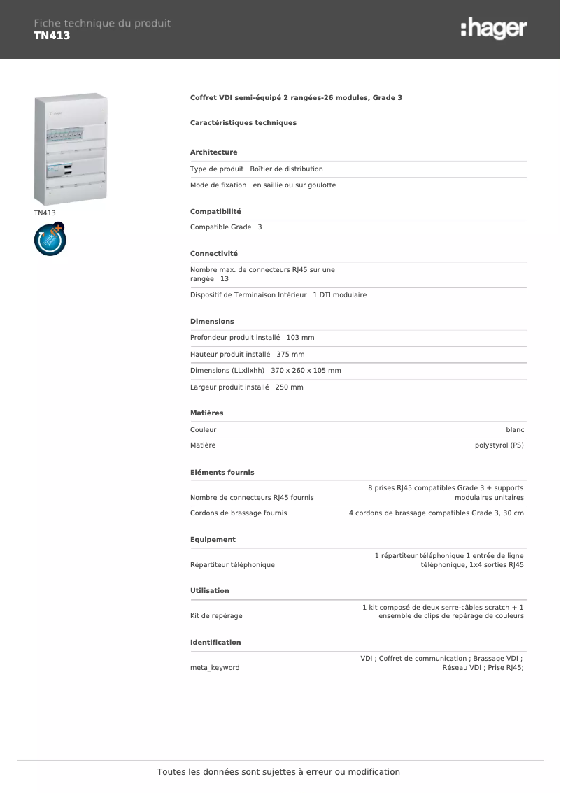 Page 1 de la notice Fiche technique Hager TN413