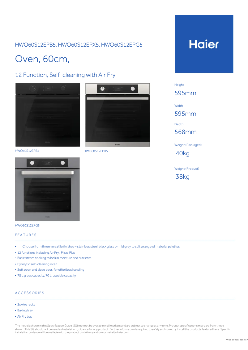 Página 1 del manual Ficha técnica Haier HWO60S12EPB5