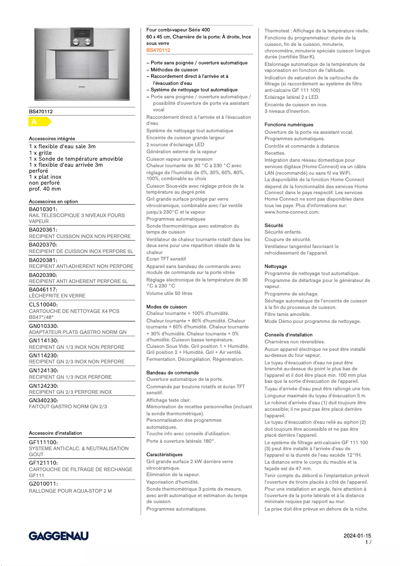 Page 1 de la notice Fiche technique Gaggenau BS470112