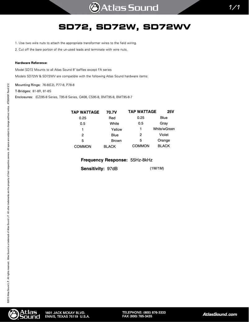 Page 1 de la notice Manuel utilisateur Atlas Sound SD72