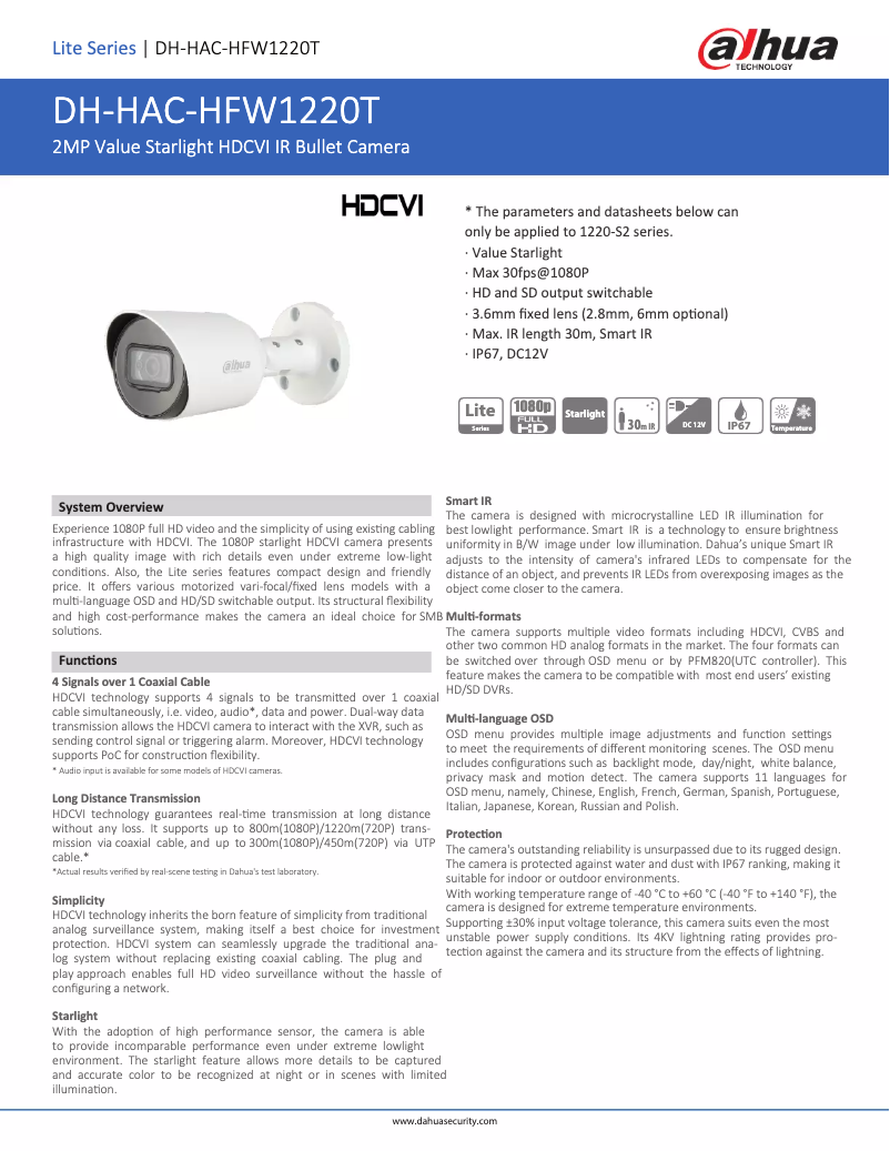 Page 1 de la notice Fiche technique Dahua Technology HAC-HFW1220T