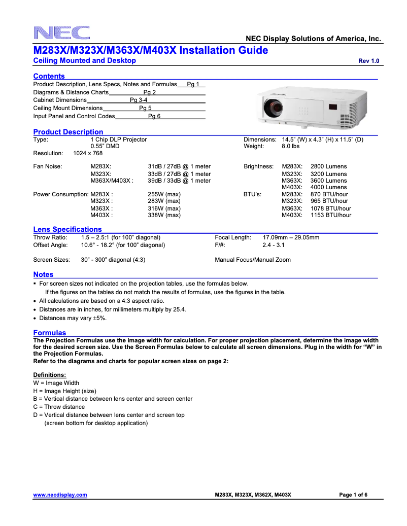 Page 1 de la notice Fiche technique NEC NP-M323X