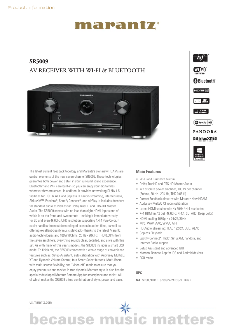 Page 1 de la notice Fiche technique Marantz SR5009