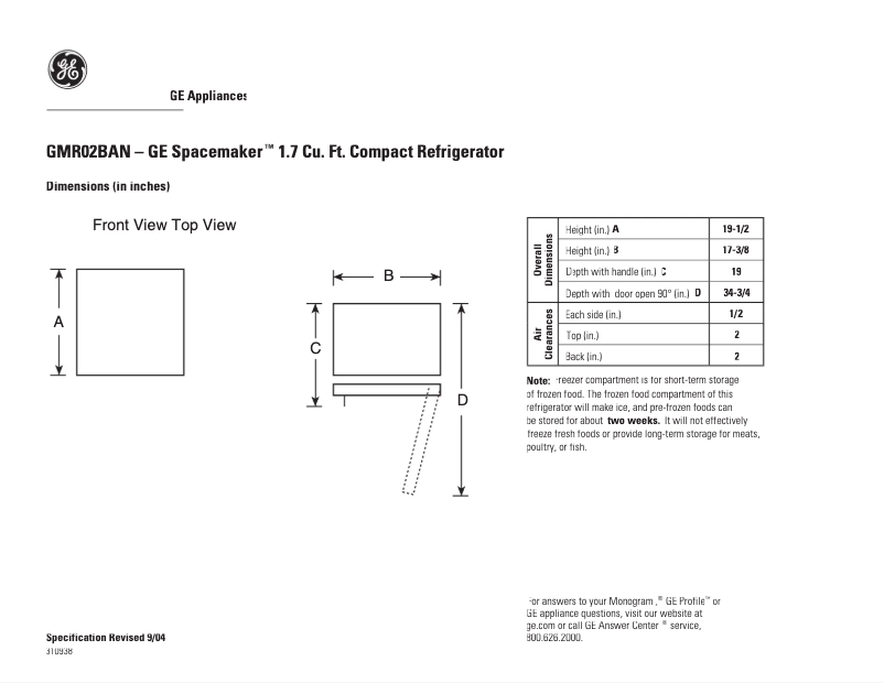 Page n°1 - Fiche technique GE GMR02BANWW