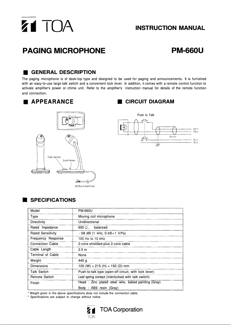 Page 1 de la notice Manuel utilisateur TOA PM-660U