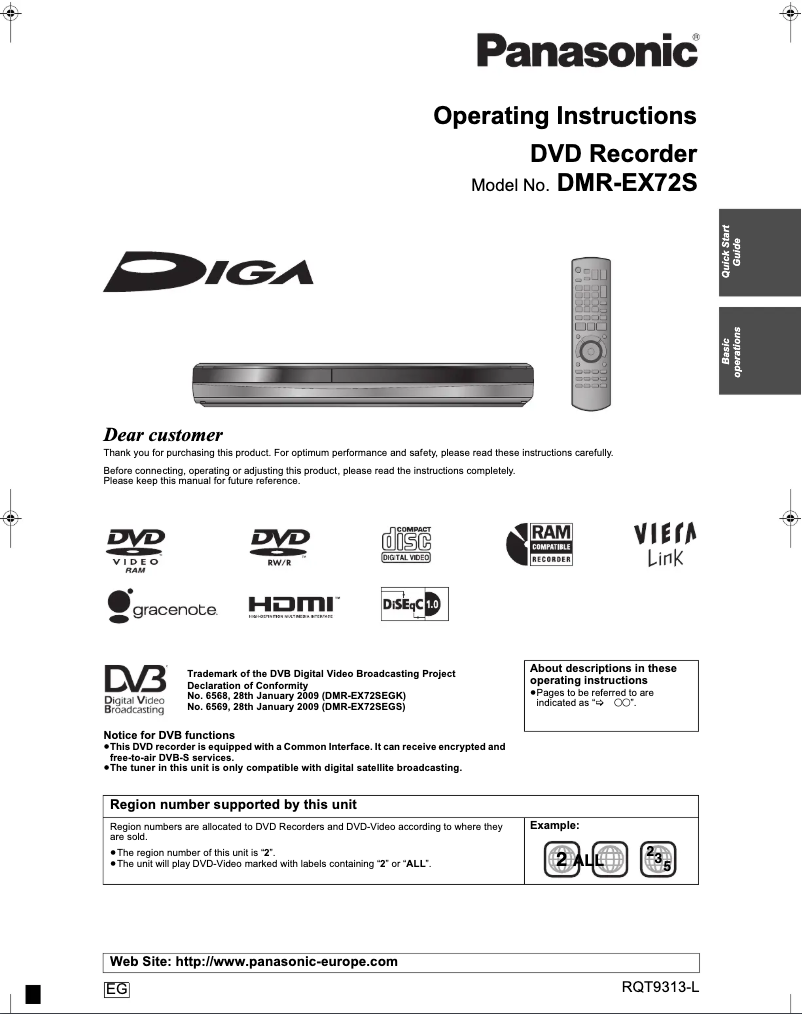 Page 1 de la notice Manuel utilisateur Panasonic Diga DMR-EX72S