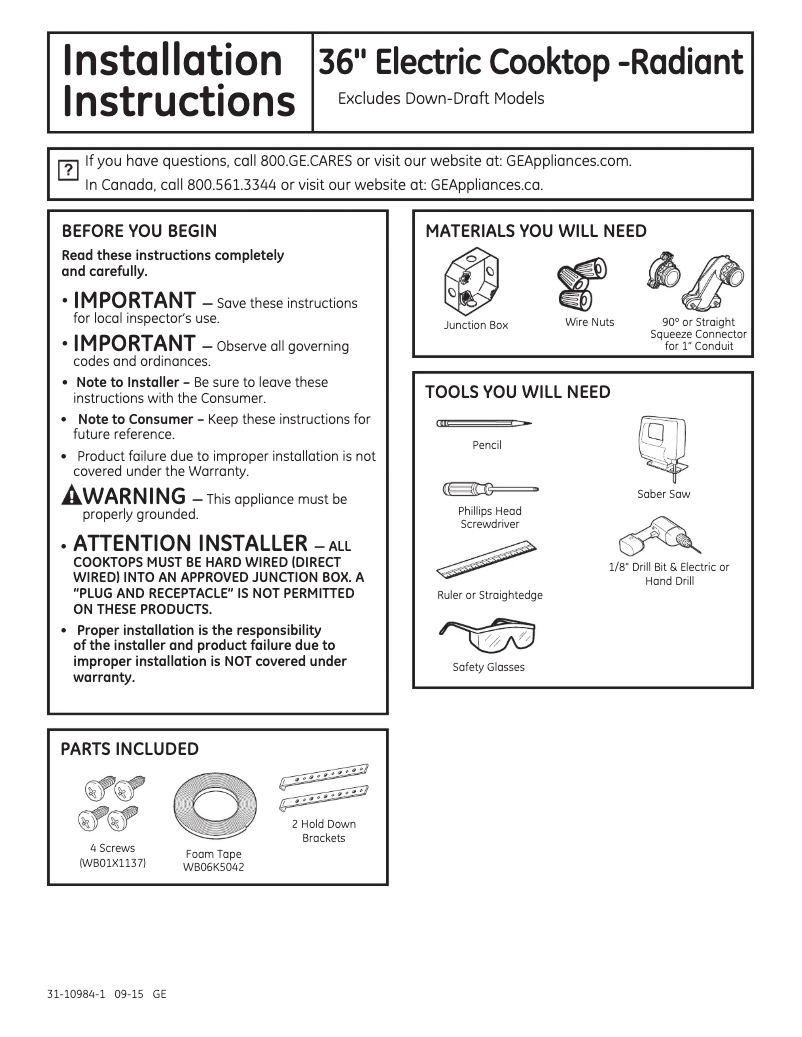 Página 1 del manual Guía de instalación GE JP3536TJWW
