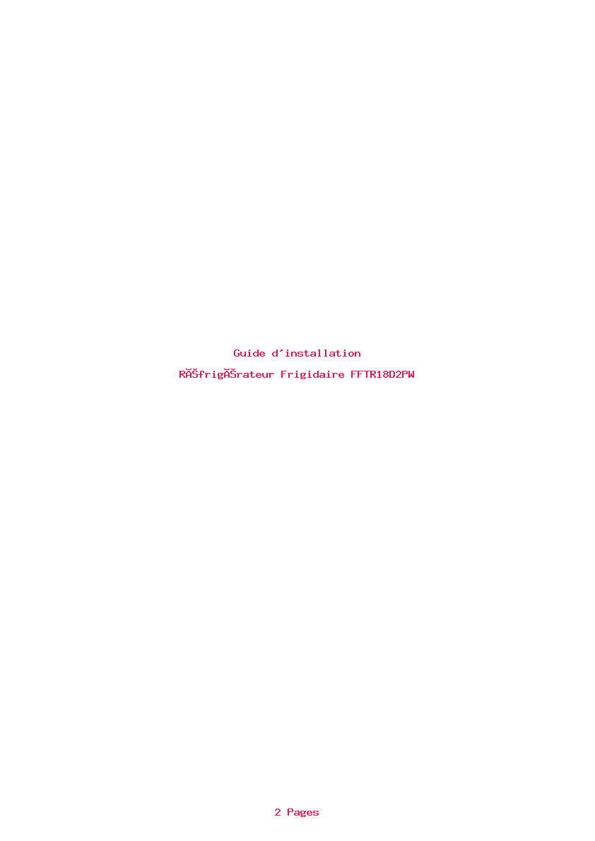 Page 1 de la notice Guide d'installation Frigidaire FFTR18D2PW