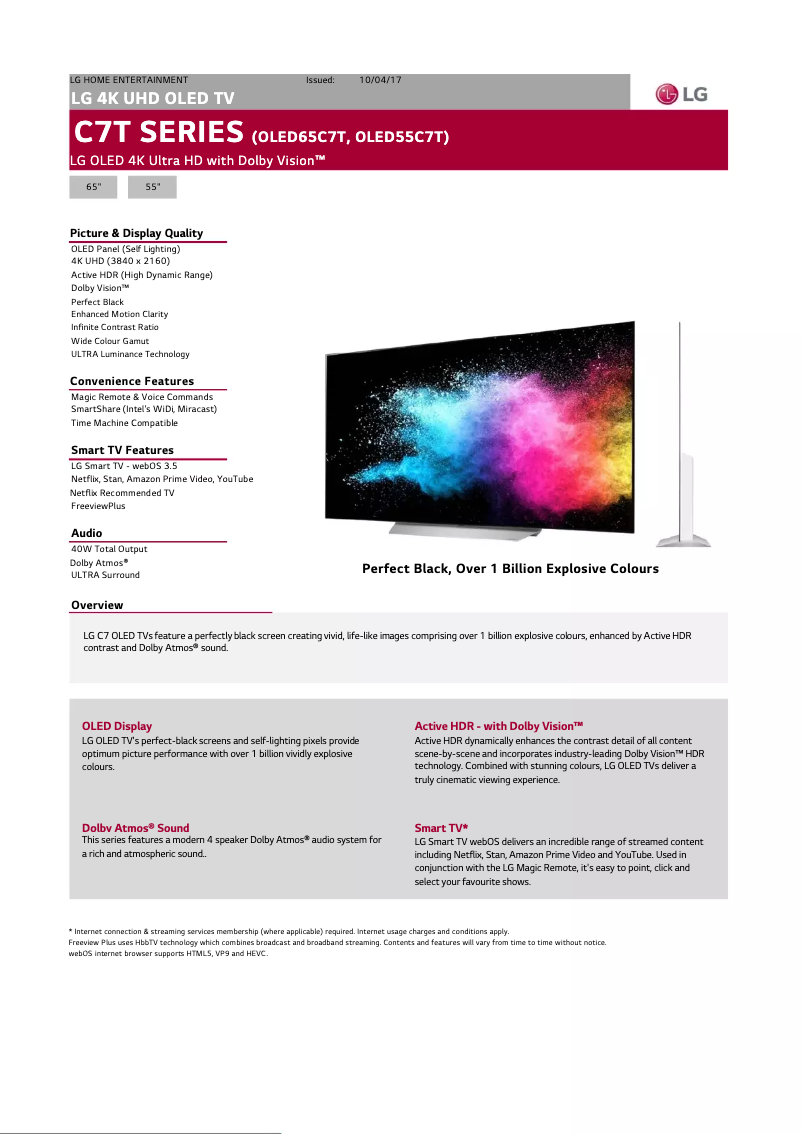 Page 1 de la notice Fiche technique LG OLED55C7T