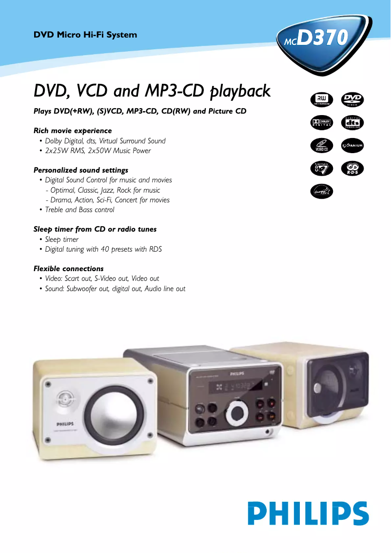 Page 1 de la notice Fiche technique Philips MC-D370