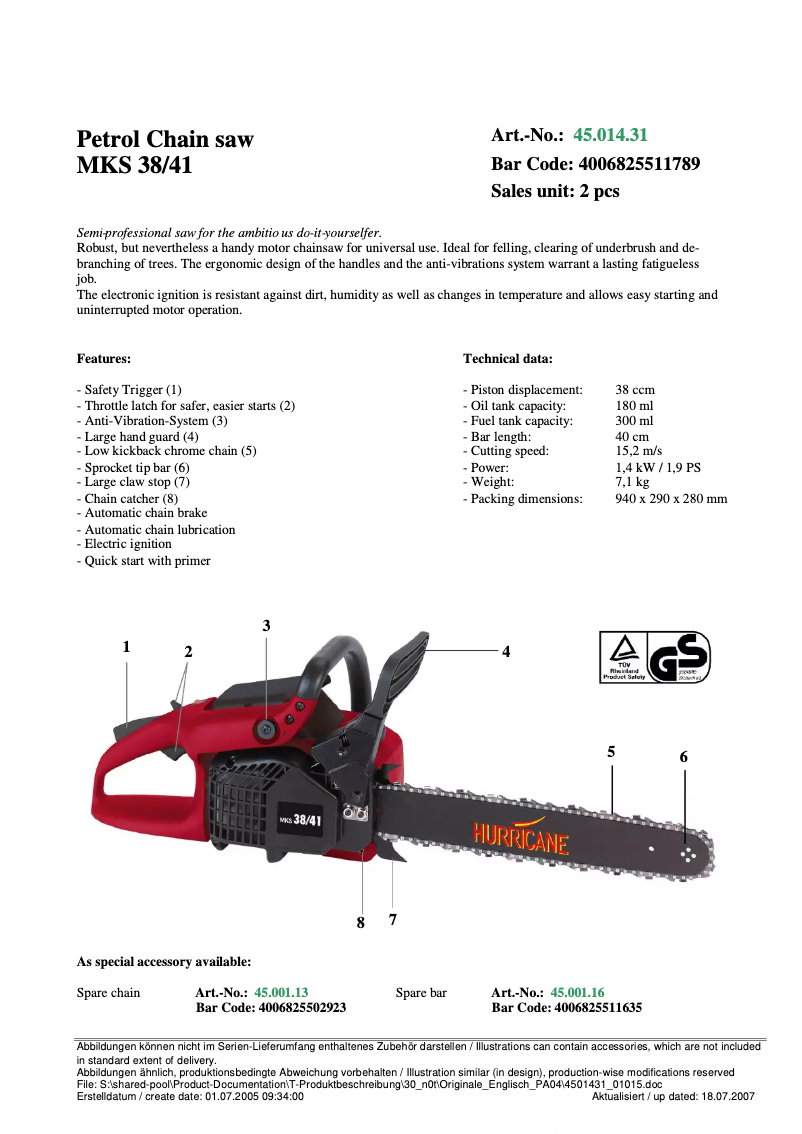 Page 1 de la notice Manuel utilisateur Hurricane MKS 38/41