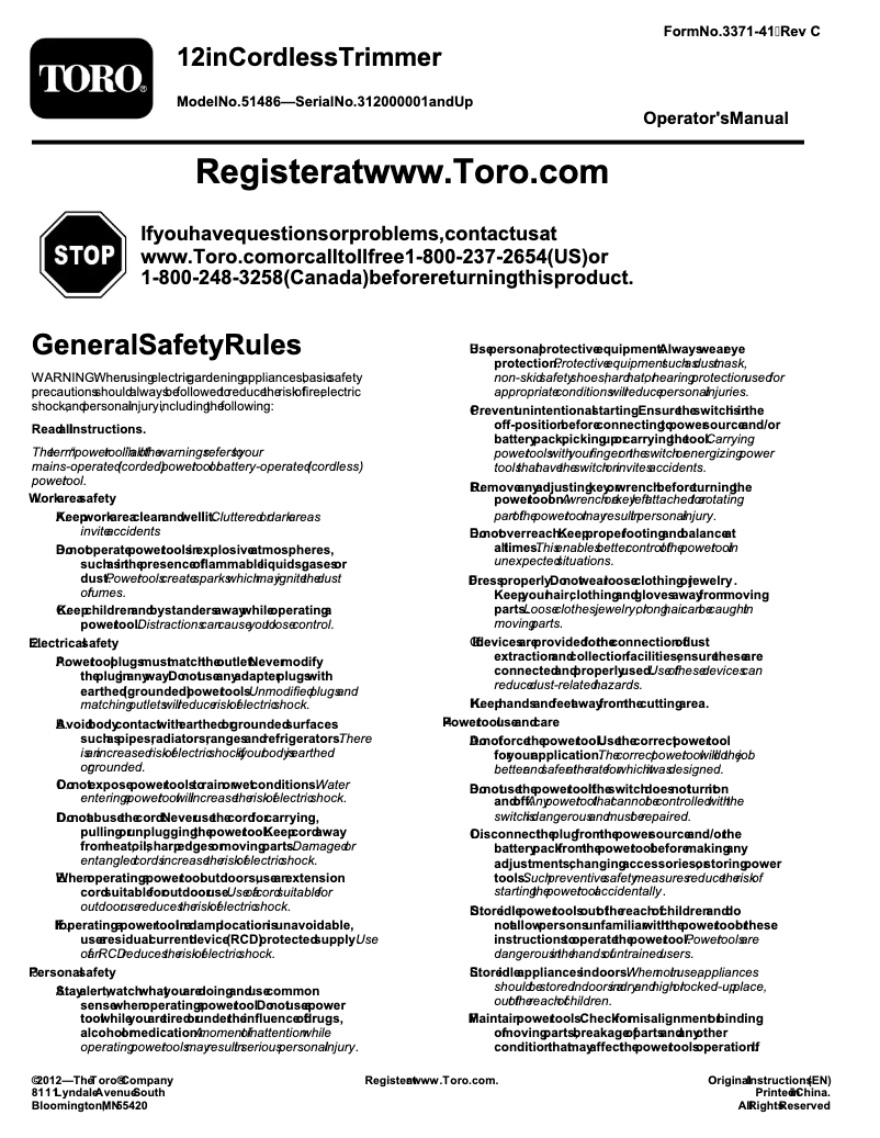 Page 1 de la notice Manuel utilisateur Toro 51486