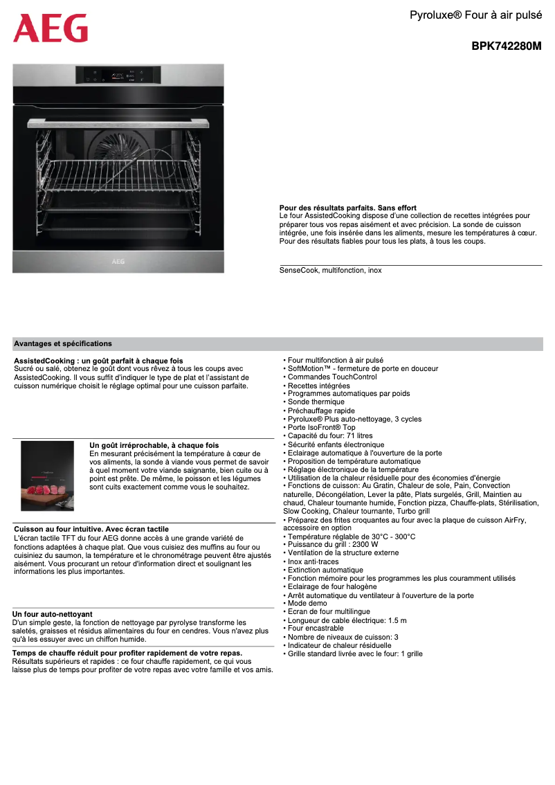 Page 1 de la notice Fiche technique AEG BPK742280M