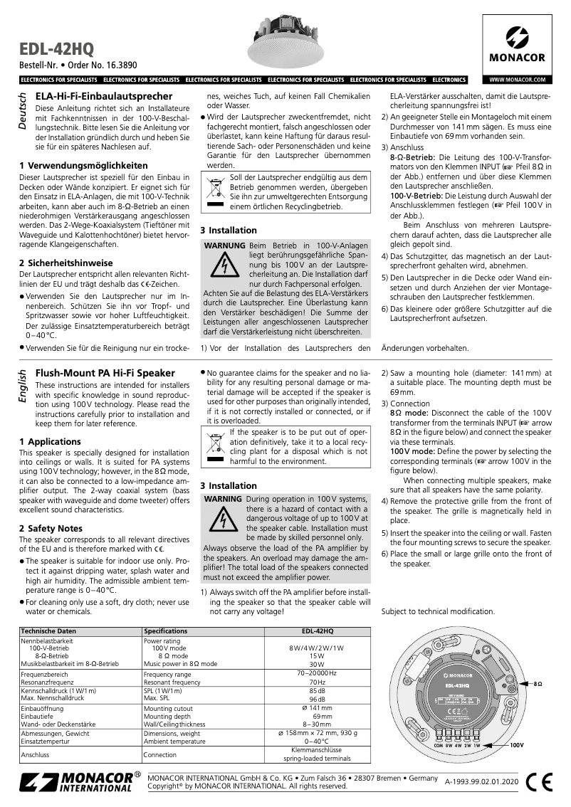 Page 1 de la notice Manuel utilisateur Monacor EDL-42HQ