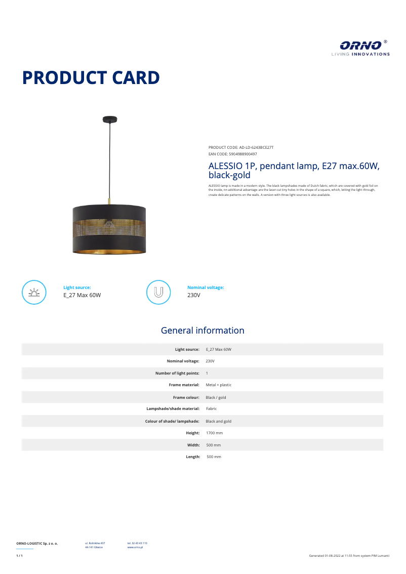 Page 1 de la notice Fiche technique Adviti AD-LD-6243BCE27T