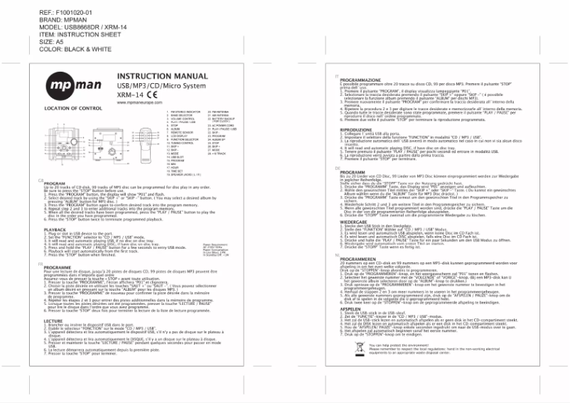 Page 1 de la notice Manuel utilisateur Mpman XRM14