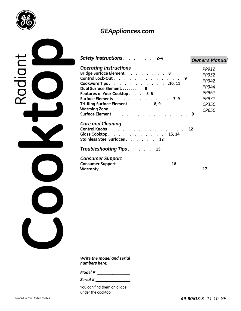 Page n°1 - Manuel d'utilisation et d'entretien GE Profile PP972TMWW