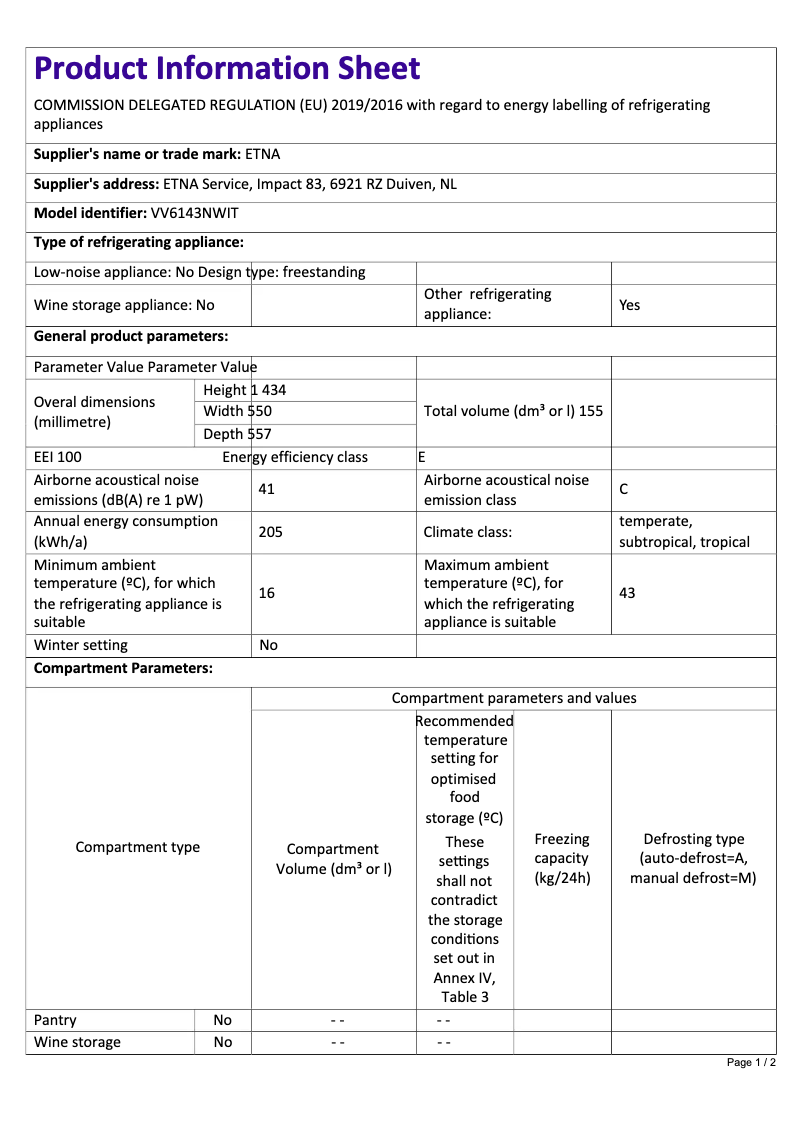 Page 1 de la notice Fiche technique Etna VV6143NWIT
